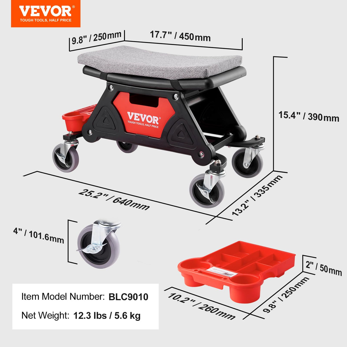 VEVOR Mechanic Stool 300 LBS Capacity Garage Stool with Wheels, Heavy Duty Rolling Mechanics Seat, with Three Slide Out Tool Trays and Drawer, VEVOR