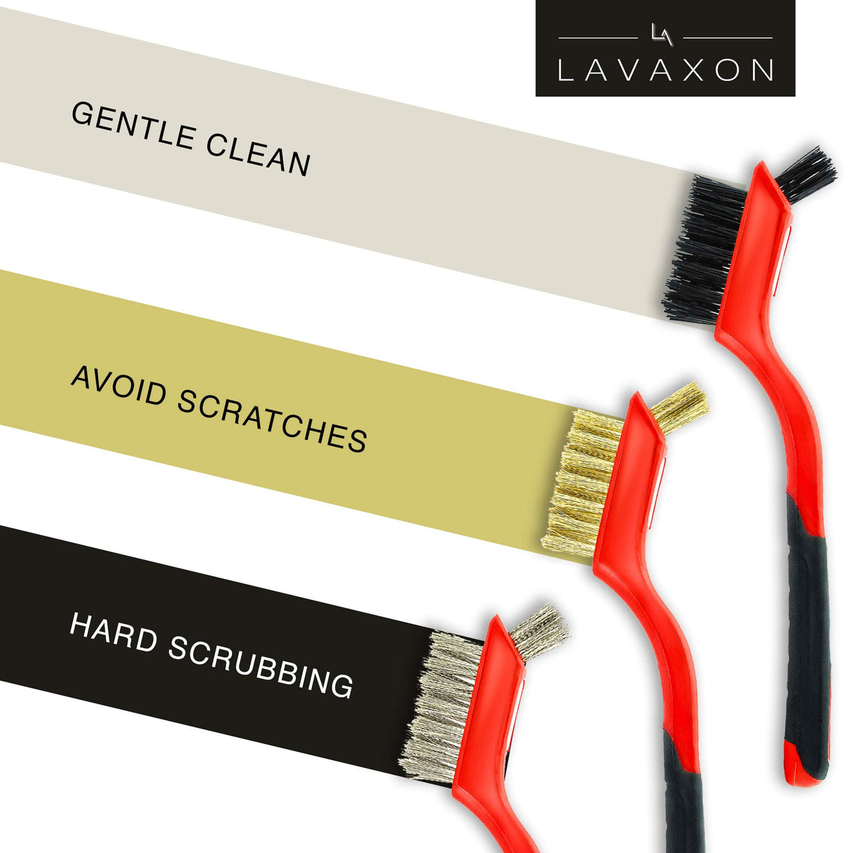 Lavaxon Wire Brush Set 3Pcs - Nylon/Brass/Stainless Steel Bristles with Curved Handle Grip for Rust, Dirt & Paint Scrubbing with Deep Cleaning – 7 Lavaxon