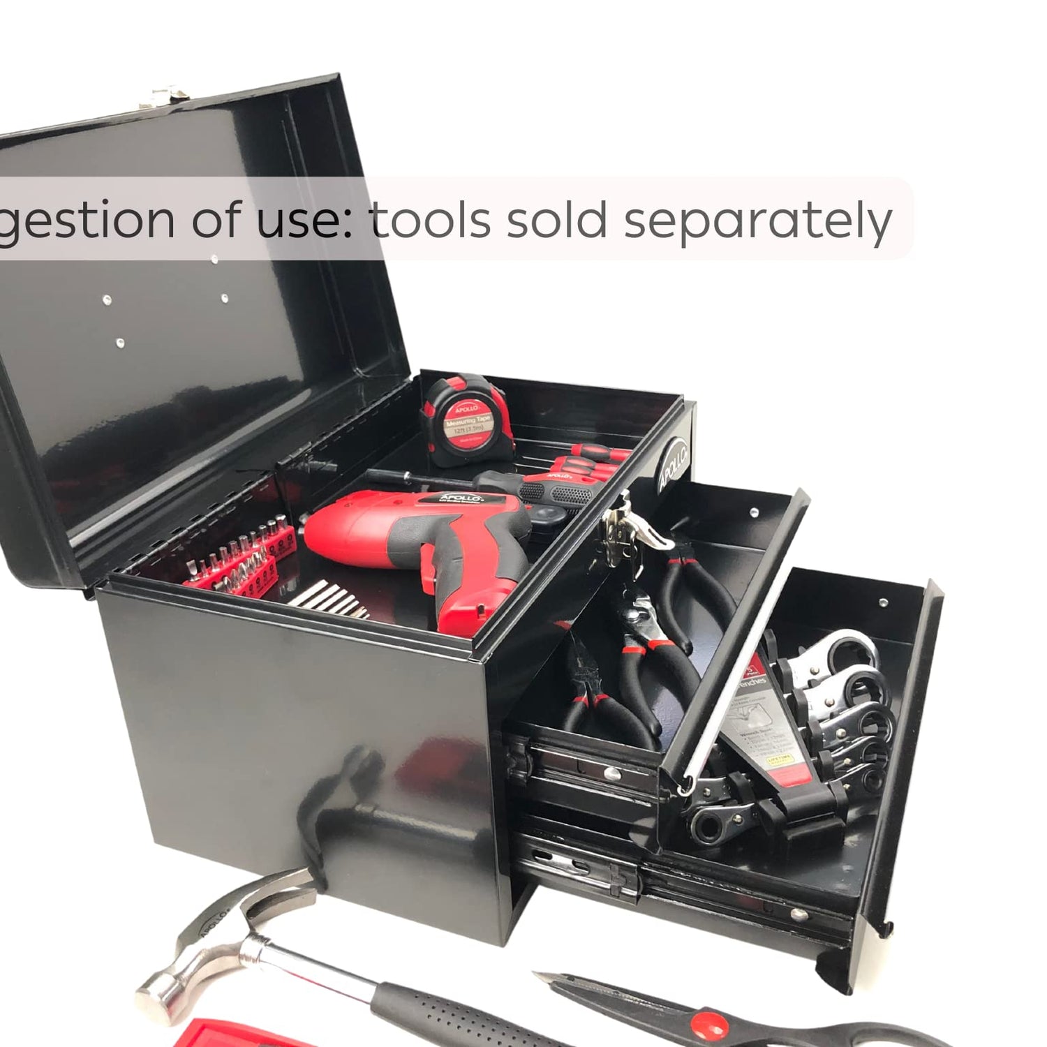 Apollo Tools 14 Inch Steel Tool Box with Deep Top Compartment and 2 Drawers in Heavy-Duty Steel With Ball Bearing Opening and Powder Coated Finish - Apollo Tools