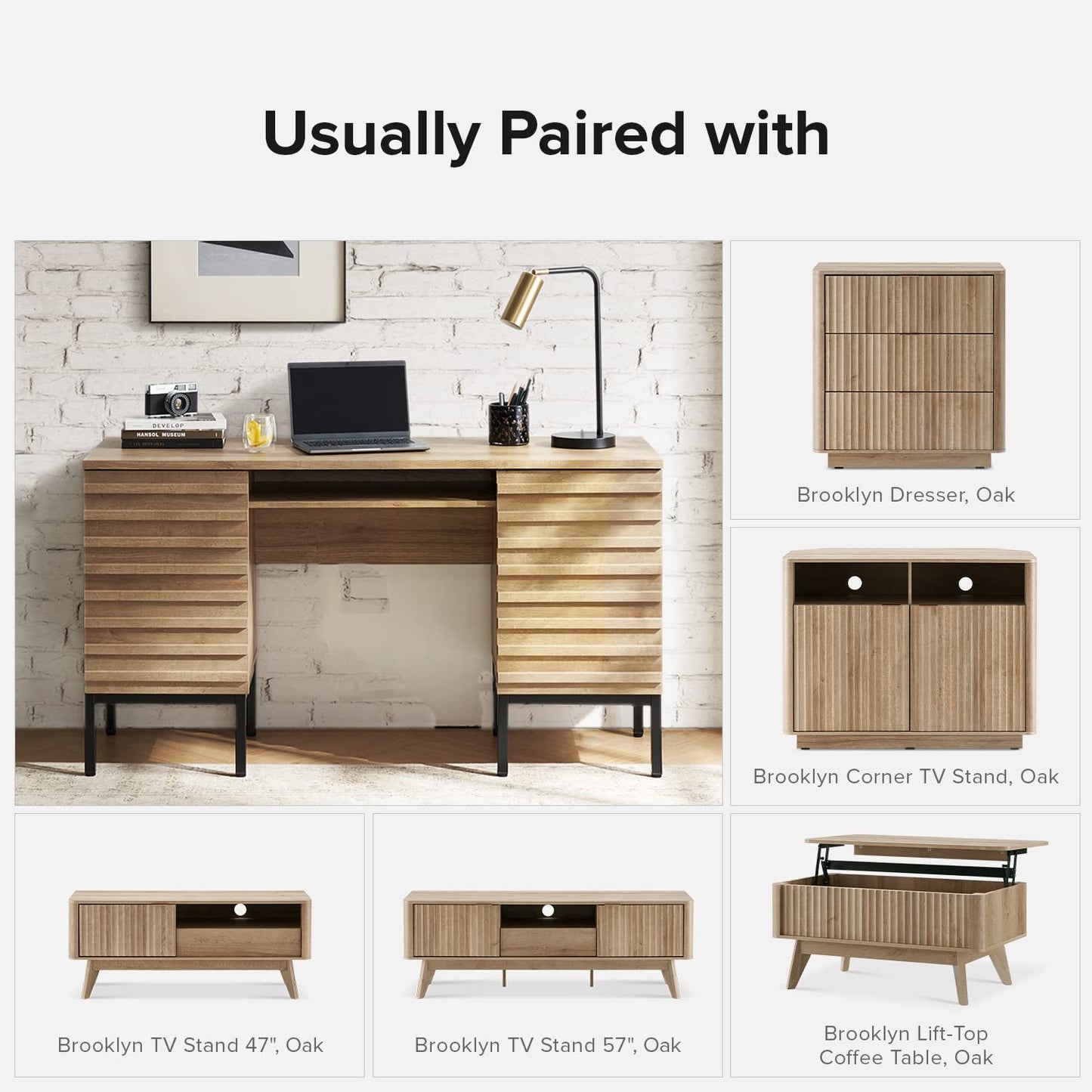 mopio Norwin Executive Desk, Modern Industrial Farmhouse Desks for Home Office, with Sturdy Metal Legs, Fluted Panel Dual Cabinet Soft Close Door,