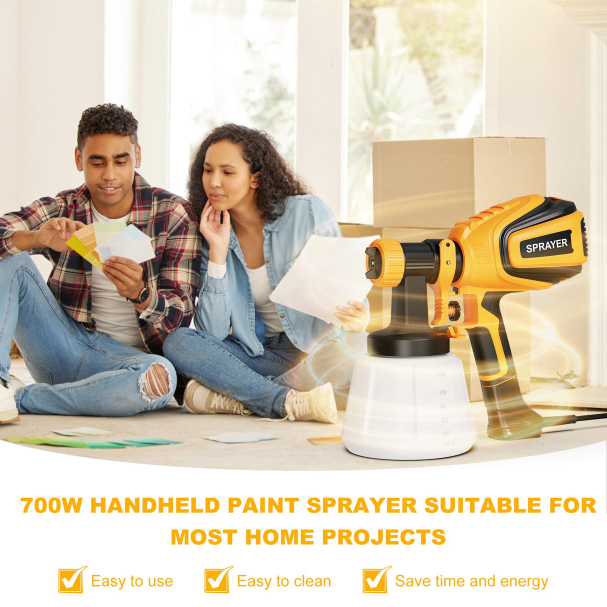 VONFORN Paint Sprayer, 700W HVLP Spray Gun with Cleaning & Blowing Joints, 4 Nozzles and 3 Patterns, Easy to Clean, for Furniture, Cabinets, Fence, VONFORN