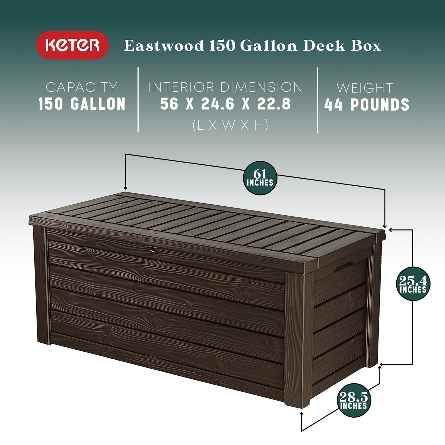 Keter Westwood 150 Gallon Plastic Backyard Outdoor Storage Deck Box for Patio Decor, Furniture Cushions, Garden Tools, & Pool Accessories, Espresso