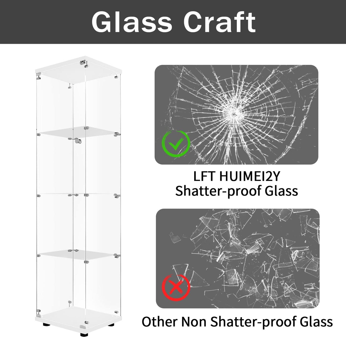 LFT HUIMEI2Y Glass Display Cabinet 4-Shelf with Door and Lock, Curio Cabinets Upgraded Quick-Install Style 5mm Tempered Glass Floor Standing