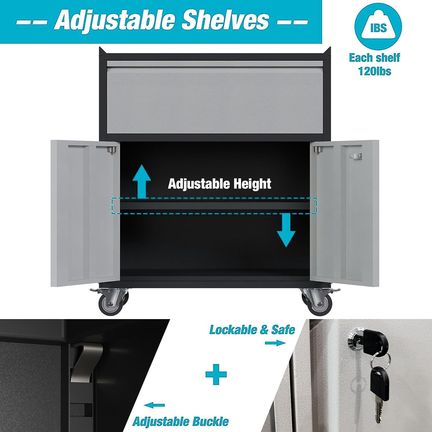 Waqiv Rolling Garage Storage Cabinet with Door and Drawer, Lockable Metal Tool Cabinet on Wheels for Garage, Home, Office, Black & Gray, Assembly Waqiv