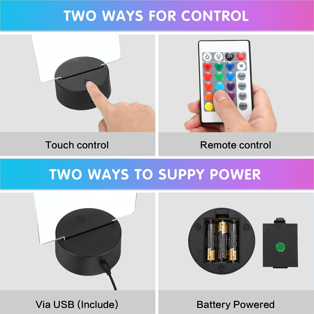 6 Sets 3D Night LED Lamp Bases Including 6 Light Display Stands 6 Clear Acrylic Sheets 6 Remote Controls 6 Charging Cables, Adjustable 16 Colors 4 Honoson