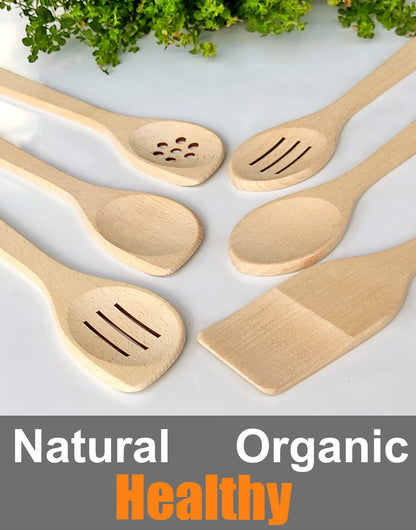 ECOSALL Healthy Wooden Spoons For Cooking Set of 6. Safe and Reliable Cooking Utensils for Kitchen – 100% Natural Nonstick Wood Spatula Spoon For