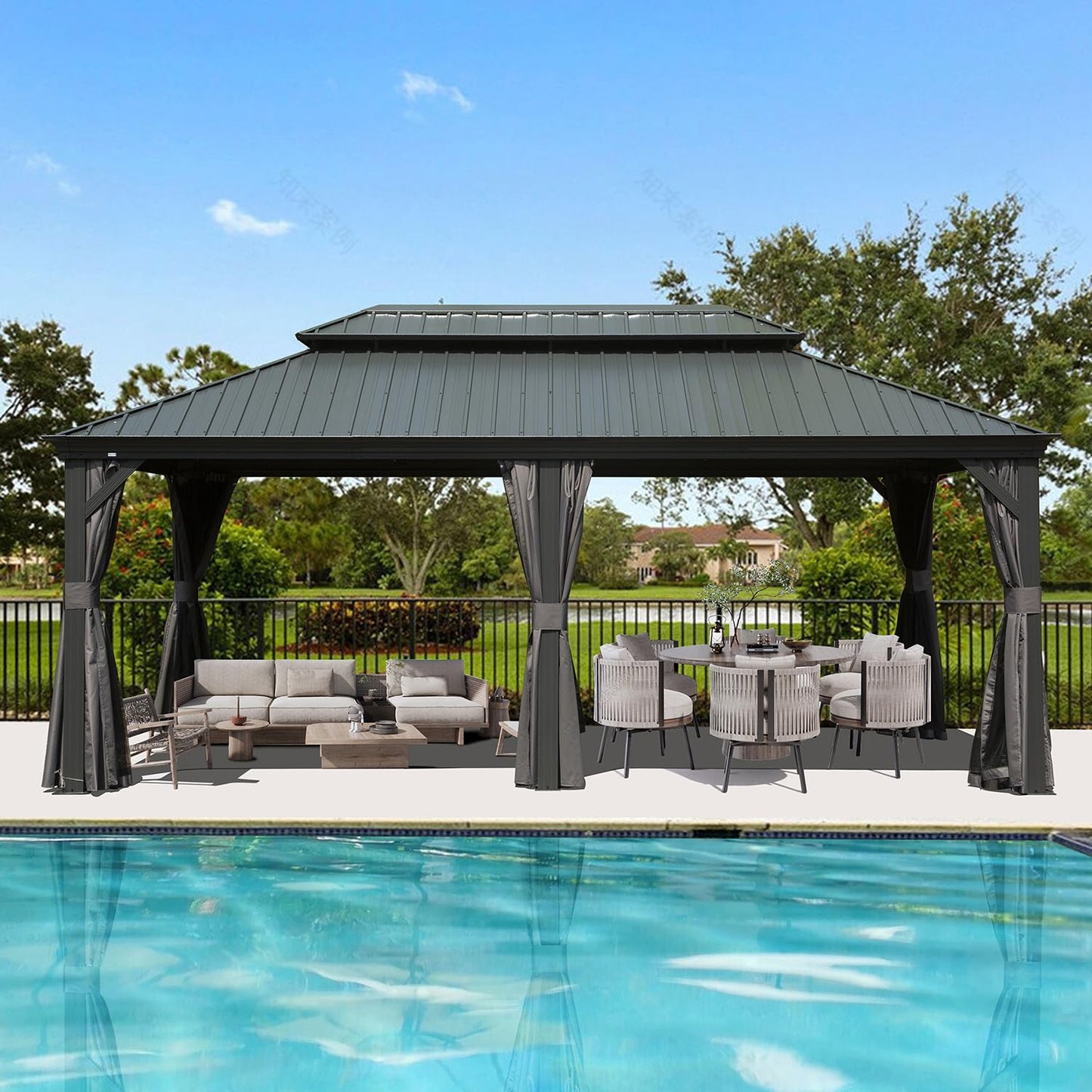 Domi 12x20FT Hardtop Gazebo, Aluminum Outdoor Gazebo with Galvanized Steel Double Roof Canopy, Drainage Gutters, Curtain and Netting, Metal Gazebo - WoodArtSupply