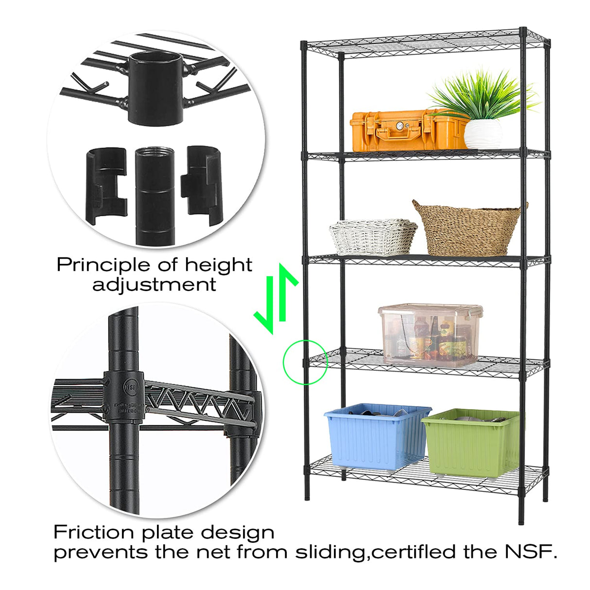 HCY 5-Tier Storage Shelf Heavy Duty Shelving Unit NSF Height Adjustable Metal Storage Rack for Laundry Bathroom Kitchen Garage Pantry Organization - HCY