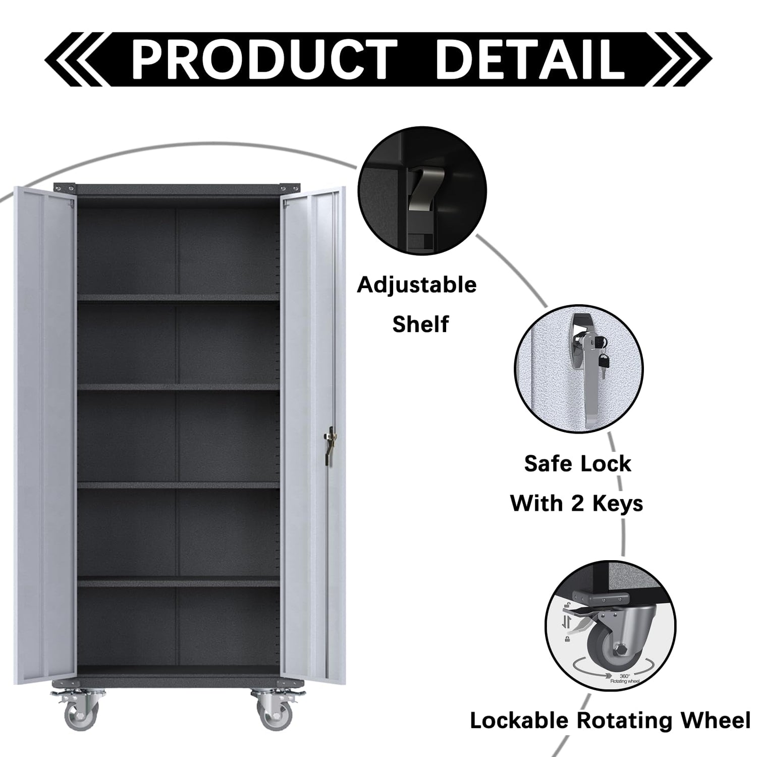 Waqiv 71'' Locking Metal Cabinet with 2 Door and 4 Adjustable Shelves, Heavy Duty Garage Storage Cabinet on Wheels, Rolling Tool Cabinets for Utility Waqiv