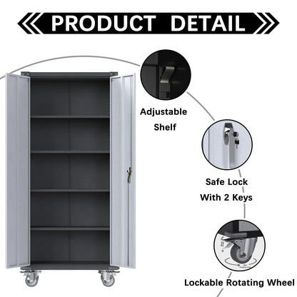 Waqiv 71'' Locking Metal Cabinet with 2 Door and 4 Adjustable Shelves, Heavy Duty Garage Storage Cabinet on Wheels, Rolling Tool Cabinets for Utility - WoodArtSupply