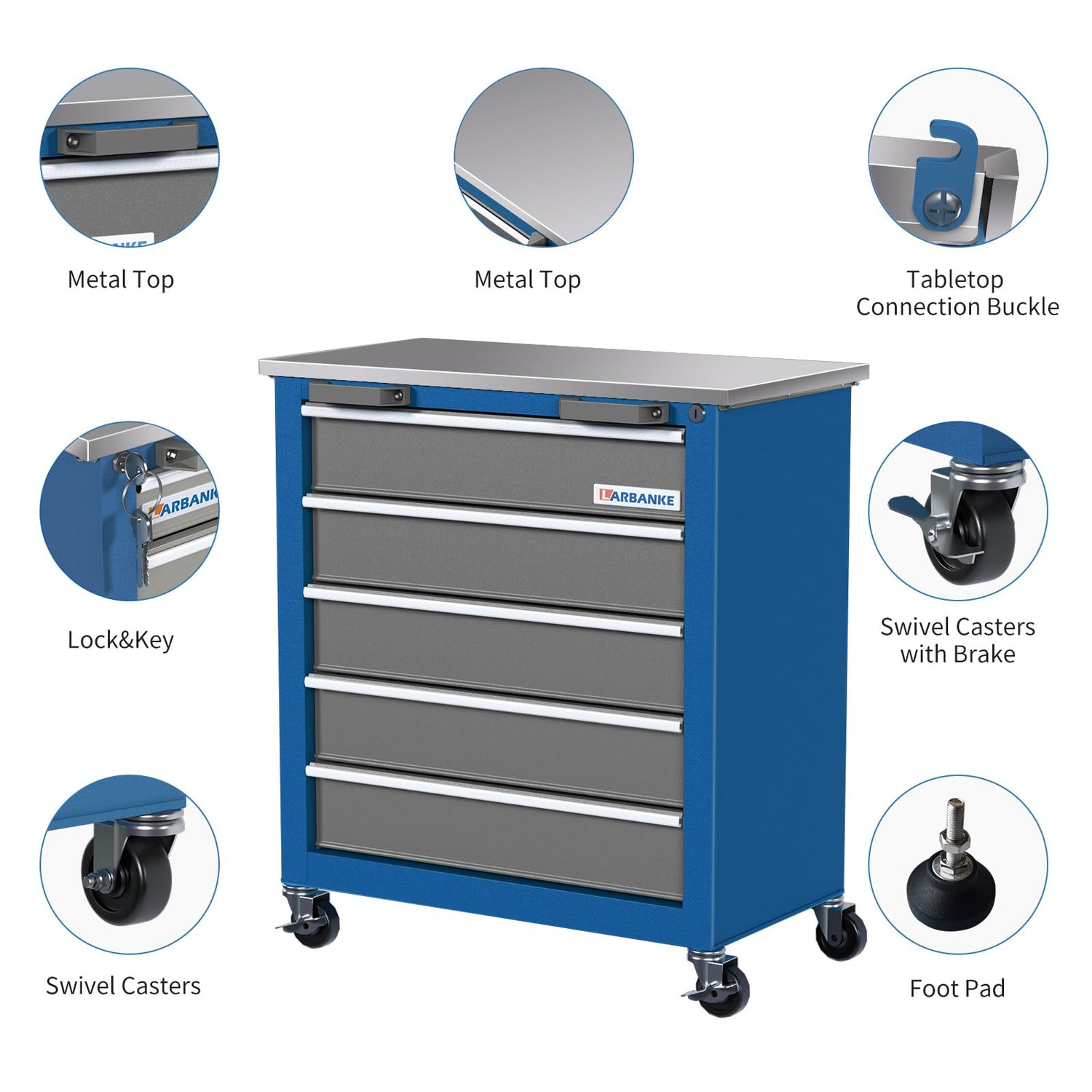 LARBANKE 5-Drawer Rolling Tool Chest,Tool Cabinet on Wheels with Keyed Locking System and Drawer Liners,Tool Chest with Link Buckle and can be LARBANKE