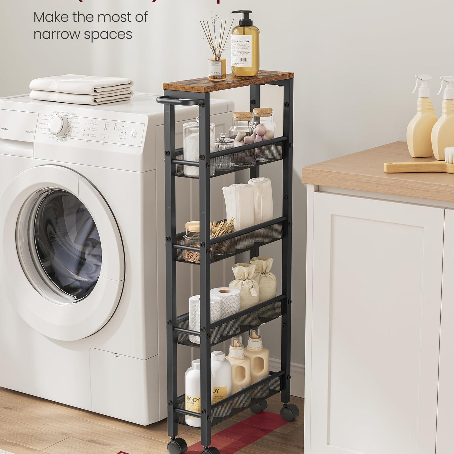 VASAGLE Slim Rolling Cart, 5-Tier Storage Cart, Narrow Cart with Handle, 5.1 Inches Deep, Metal Frame, for Kitchen, Dining Room, Living Room, Home VASAGLE