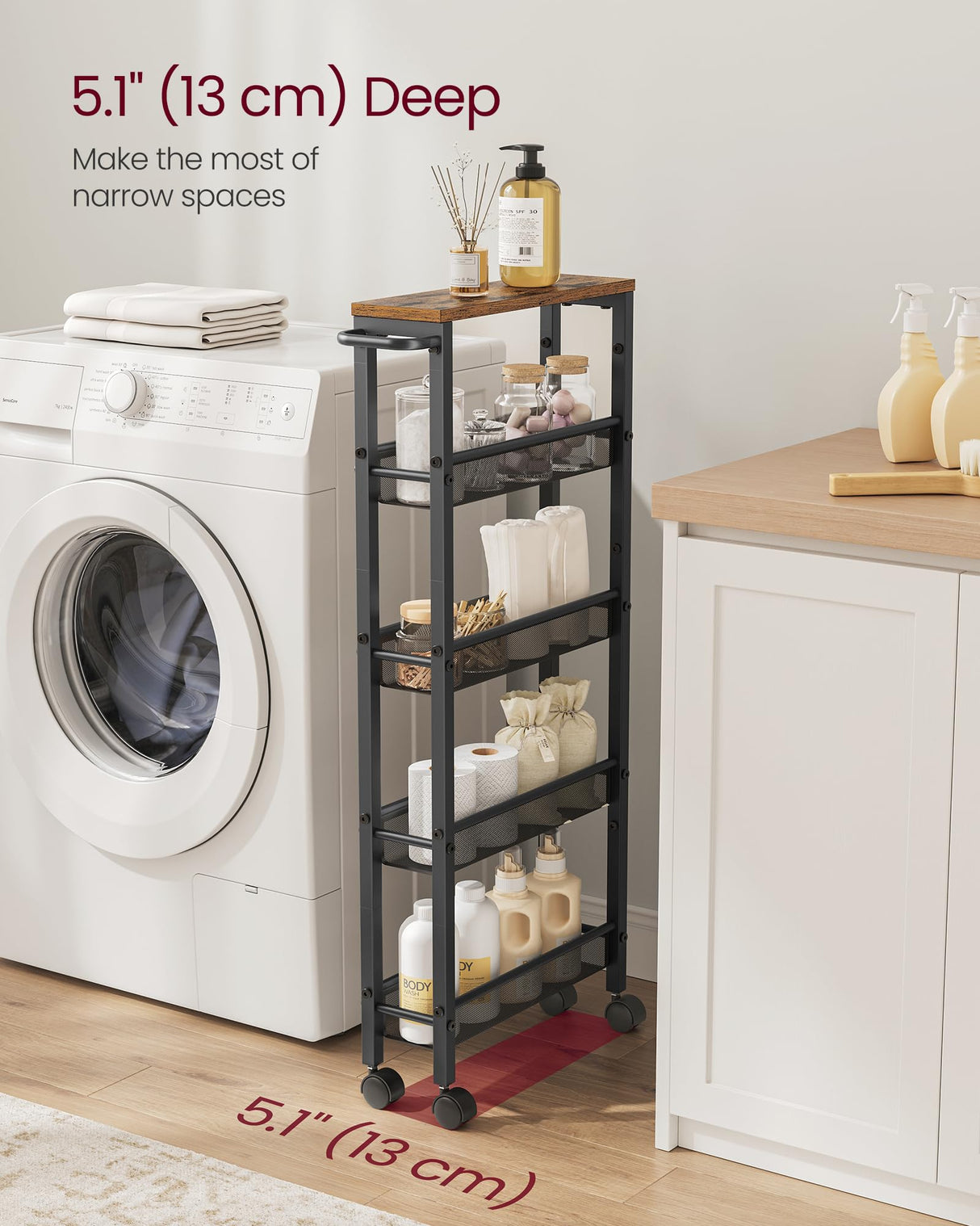 VASAGLE Slim Rolling Cart, 5-Tier Storage Cart, Narrow Cart with Handle, 5.1 Inches Deep, Metal Frame, for Kitchen, Dining Room, Living Room, Home VASAGLE