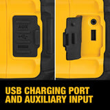 DEWALT 20V MAX Bluetooth Speaker, 100 ft Range, Durable for Jobsites, Phone Holder Included, Lasts 8-10 Hours with Single Charge (DCR010), DEWALT