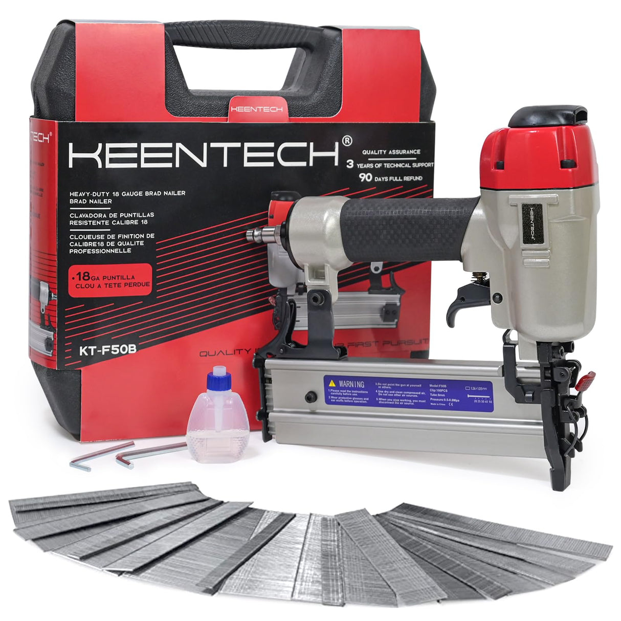 KEENTECH Pneumatic Brad Nailer, 18 GA, 3/8-Inch to 2-Inch Brad Nailer with 3000pcs Nails and Carrying Case, for Carpentry, DIY Project, Woodworking, KEENTECH