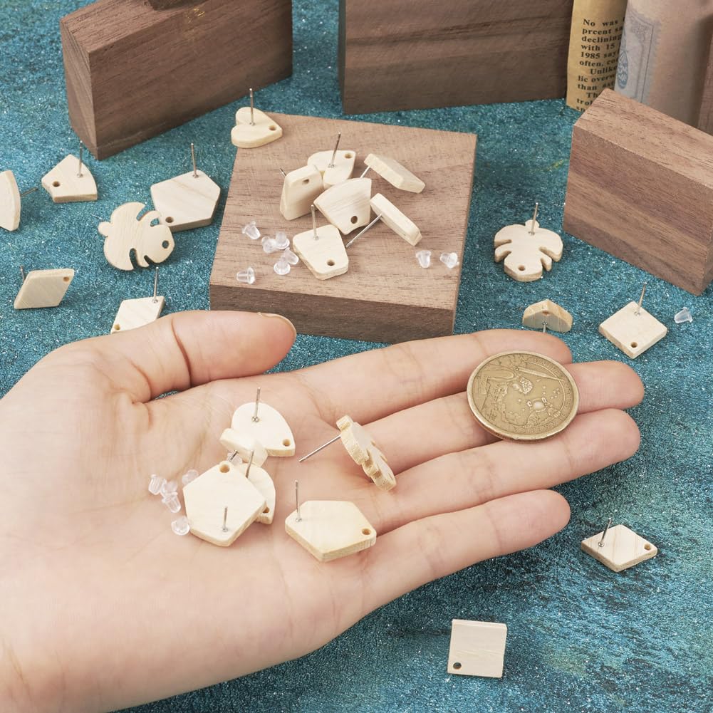 Fashewelry 32pcs Wood Stud Earring Findings White Ash Wood Earring Blanks with Loop Heart Teardrop Leaf Rectangle Trapezoid Pentagon Shape for Dangle FASHEWELRY