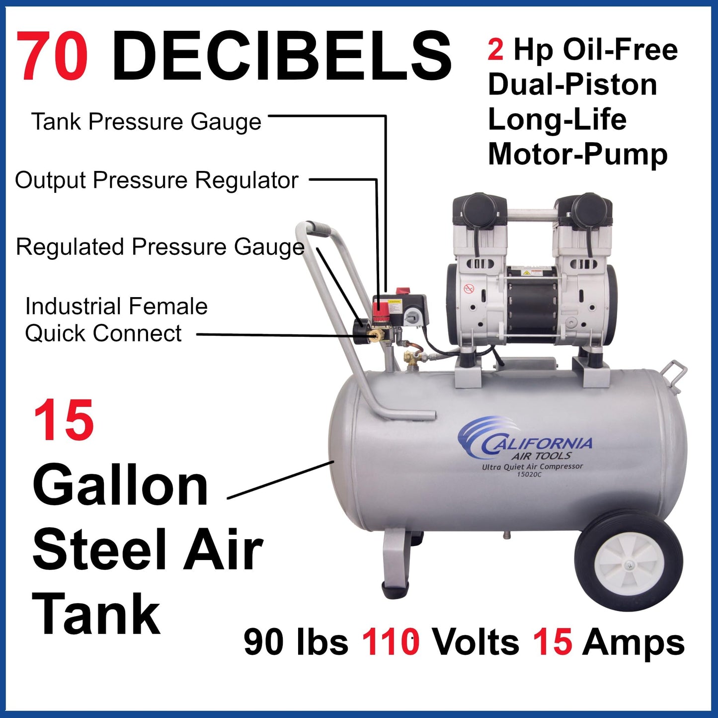 California Air Tools 15020C Ultra Quiet & Oil-Free 2.0 Hp 15.0 gallon Steel Tank Air Compressor - WoodArtSupply