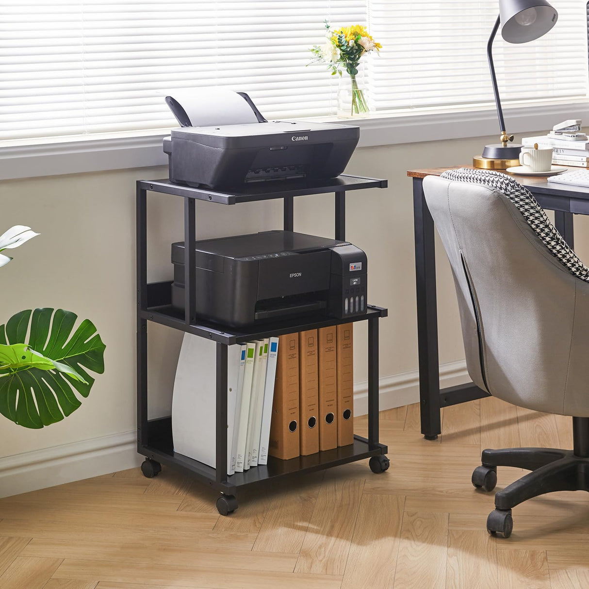 IBUYKE Black Printer Stand with Storage Shelf,3 Tier Printer Table with Wheels,Printer Cart for Home Office Organization, Rolling Cart Stand for Heat IBUYKE