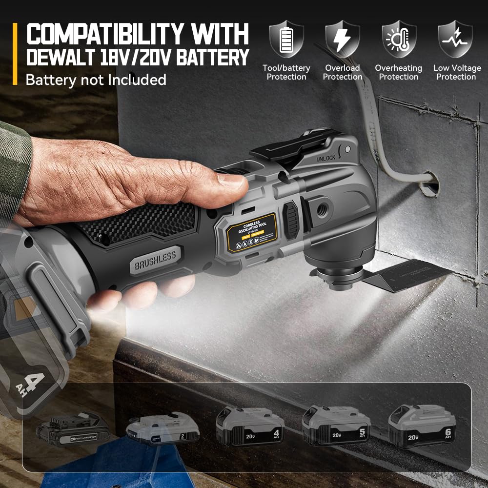 Cordless Oscillating Tool for Dewalt 20V Battery, 6 Variable Speed Brushless-Motor Tool, Oscillating Multi Tool Kit for Cutting Wood Drywall Nails - WoodArtSupply