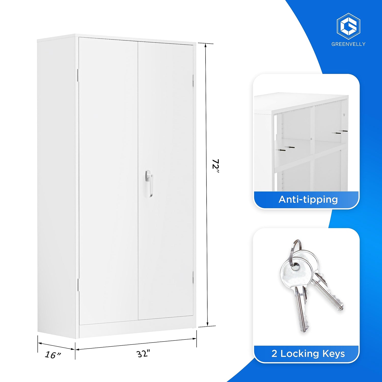 Greenvelly White Metal Storage Cabinet, 72" Locking Storage Cabinets with Doors and 4 Shelves, Tall Tool Storage Cabinet for Garage, Steel Lockable Greenvelly