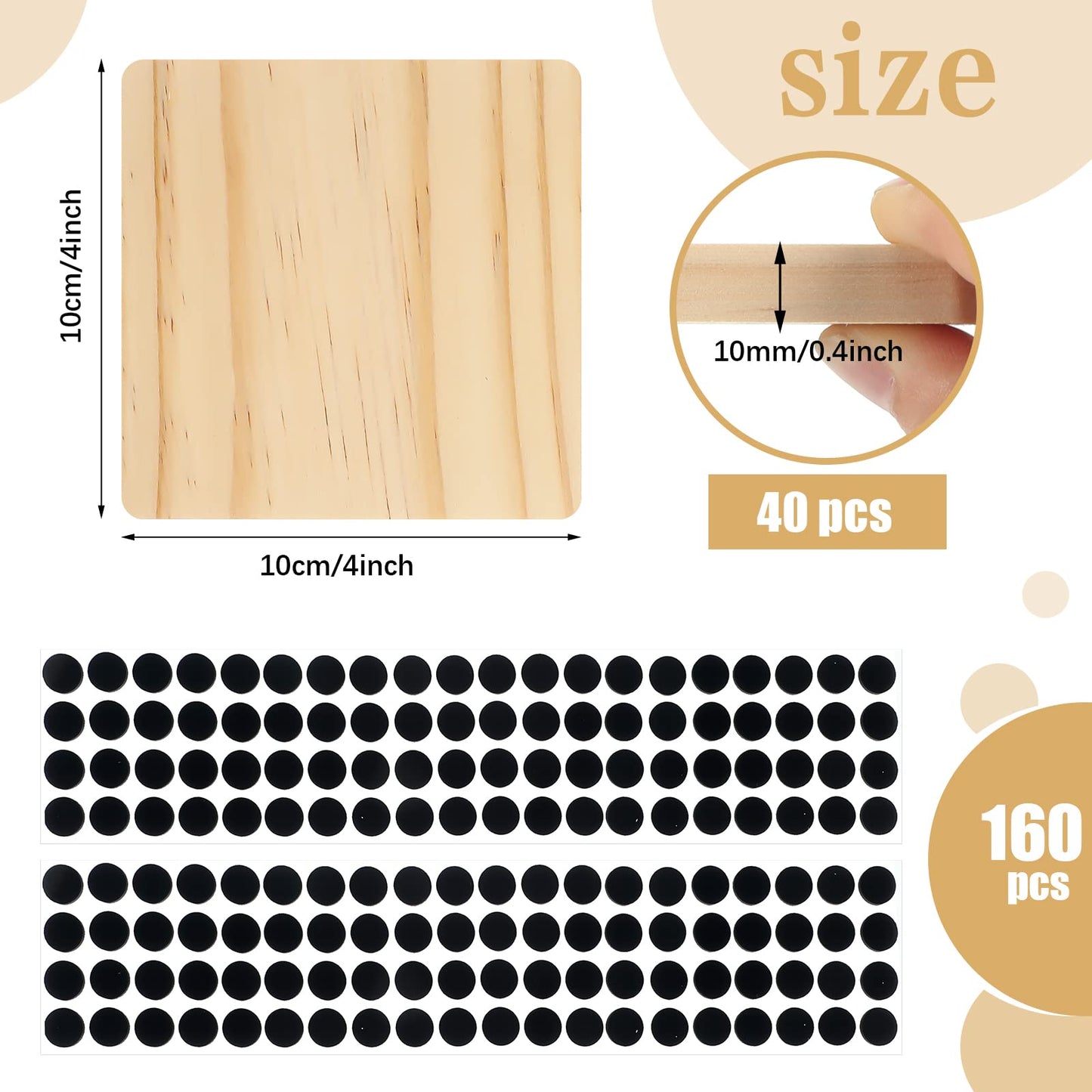 40 Pcs Unfinished Square Wood Coasters Wooden Coasters for Crafts Thick Blank Coasters DIY Wood Coasters with Non Slip Dot Stickers for DIY Arts