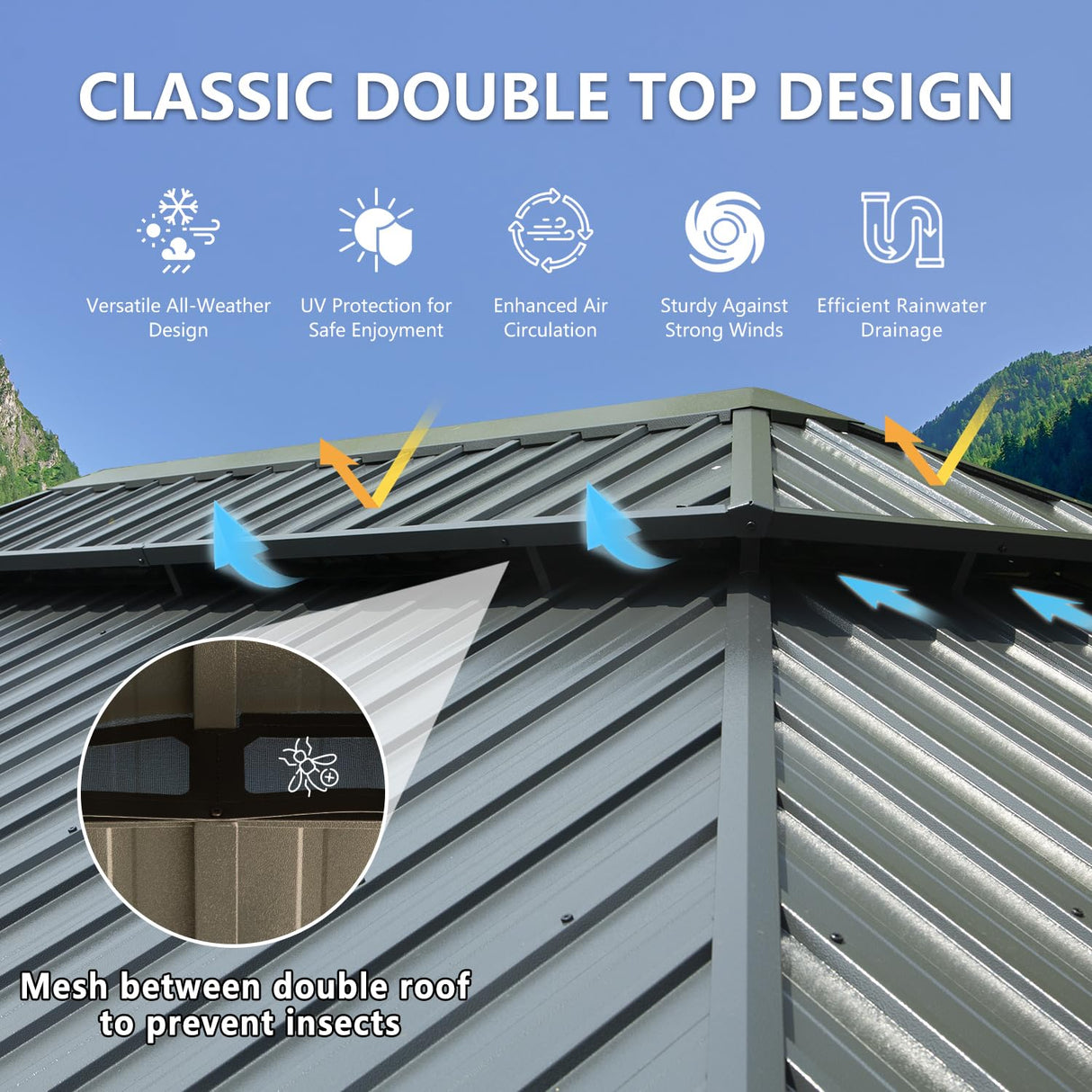 Domi 12x20FT Hardtop Gazebo, Aluminum Outdoor Gazebo with Galvanized Steel Double Roof Canopy, Drainage Gutters, Curtain and Netting, Metal Gazebo domi outdoor living