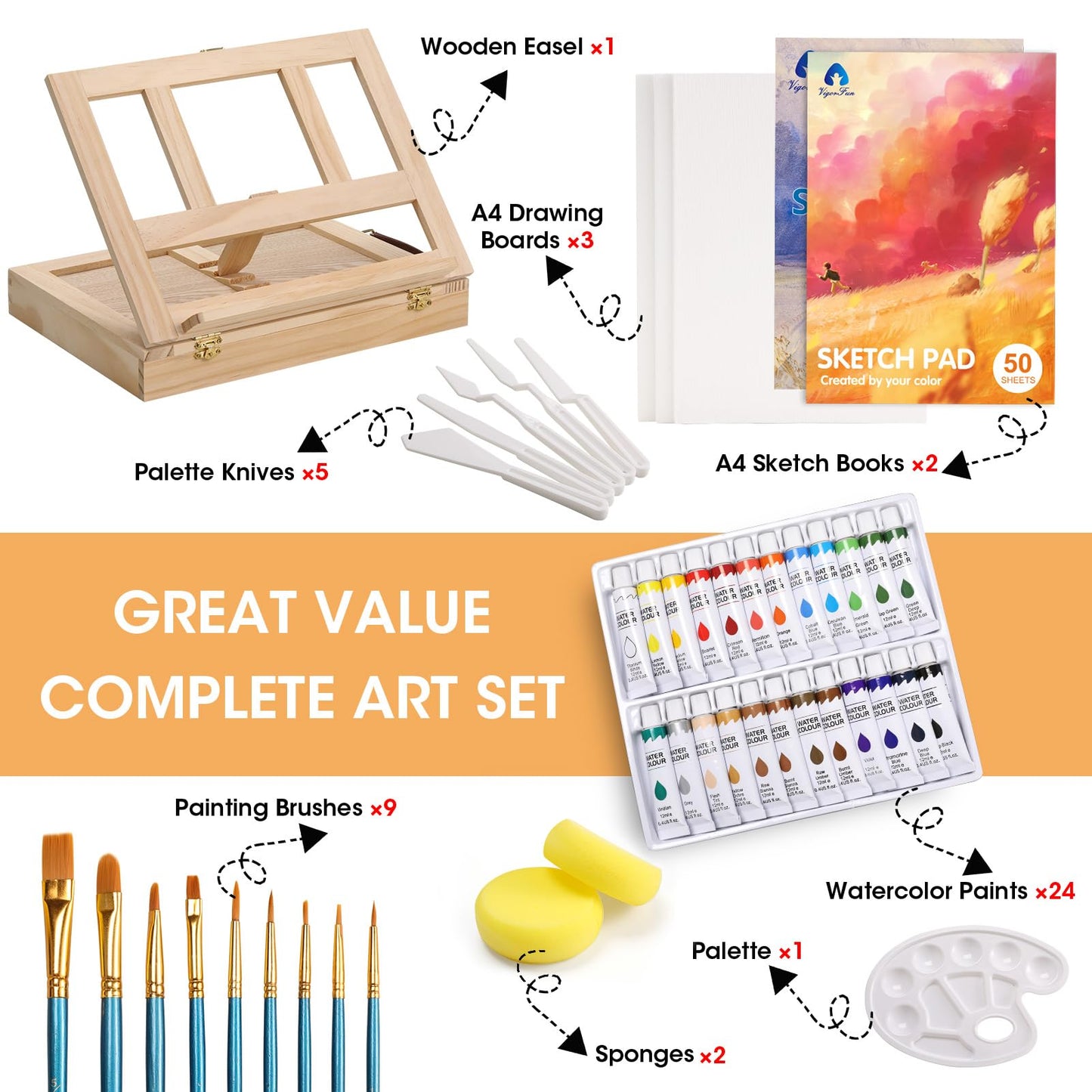 49 Pieces Watercolor Painting Supplies Set & 40 PCS Acylic Paint Set with 12 Brushes, 2 Knives and Palette - WoodArtSupply