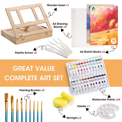 49 Pieces Watercolor Painting Supplies Set & 64 PCS Acylic Paint Set with 12 Brushes, 2 Knives and Palette - WoodArtSupply