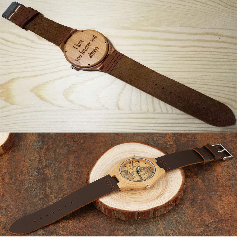 Godchoices Personalized Customized Wooden Watch with Photo Or Message Double-Side Engraving for Personalized Gift (40MM, Brown) Godchoices