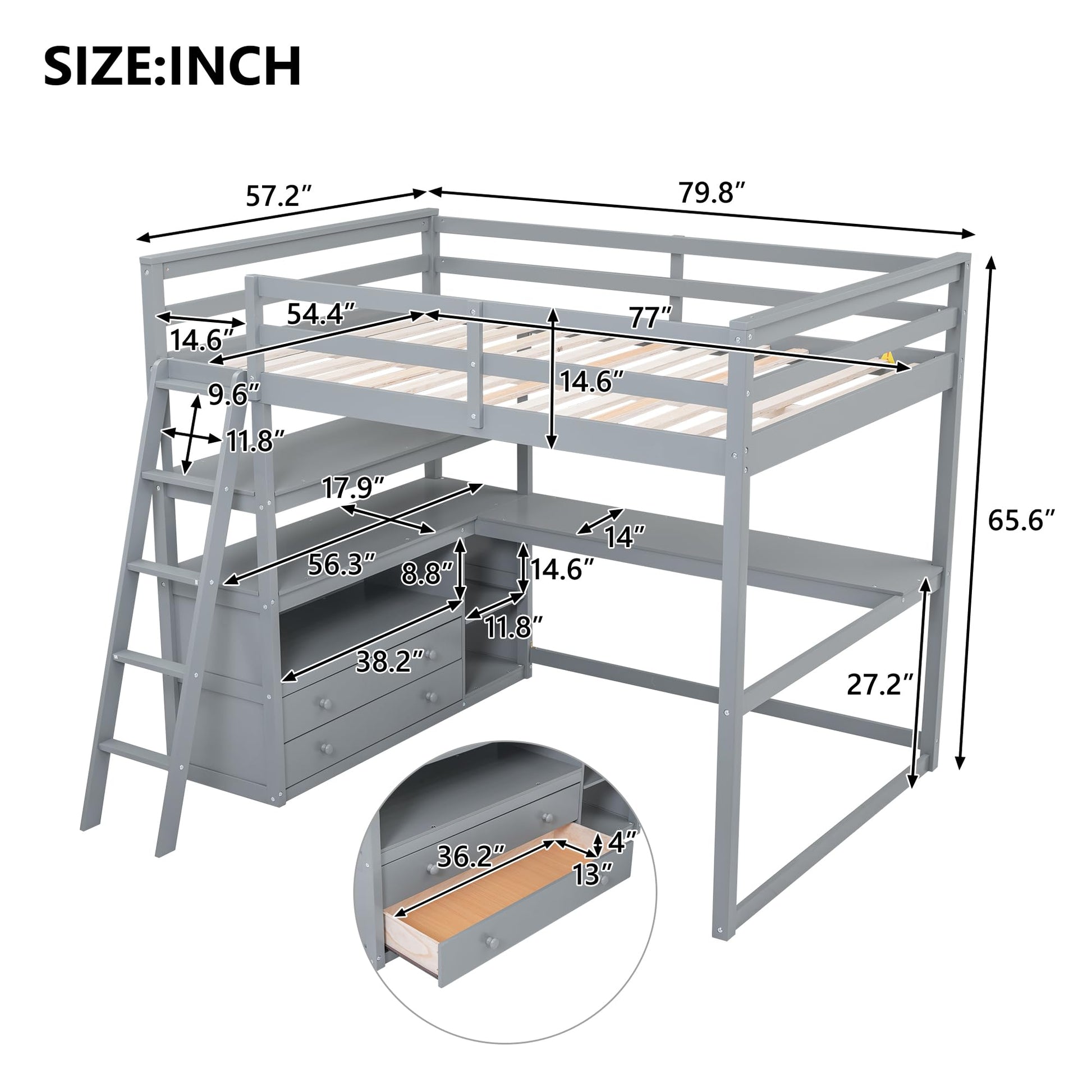 MERITLINE Modern Full Size Loft Bed with Desk, Shelves, and Storage Drawers for Kids and Teens - WoodArtSupply