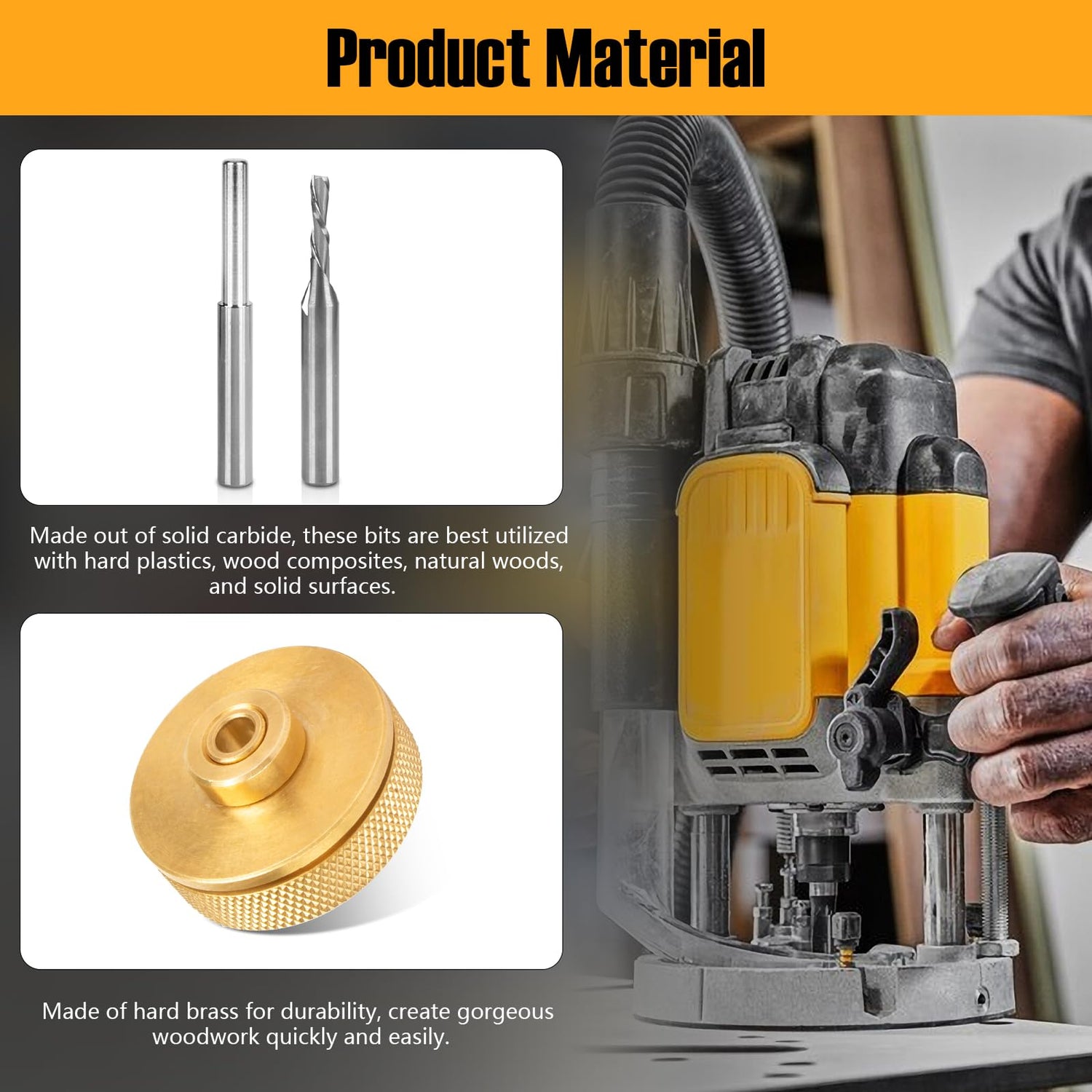 71333 Solid Brass Router Inlay Set for 1/4 Templates High RPM Routing, Includes 1/8" Carbide Spiral Bit + 1/4 Shank, Universal Quick Change Bushing, Ahuliao