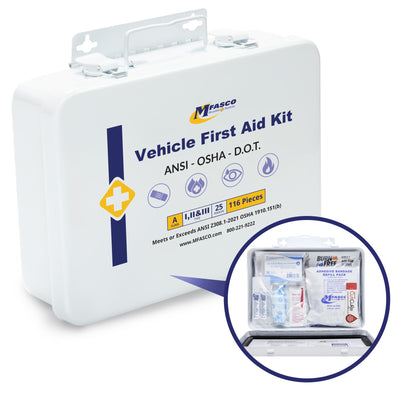 MFASCO Vehicle First Aid Kit - Compact Metal Kit - Portable & Mountable - Safety Kit for Commercial Vehicles & Workplace - DOT ANSI OSHA Compliant -