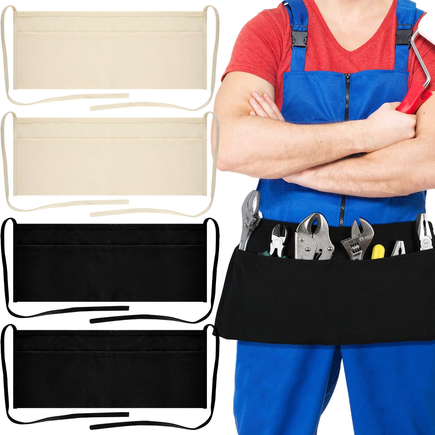 JenPen 4 Pieces 2-Pocket Canvas Work Waist Apron Unisex Tool Apron Washable Utility Apron for Woodworkers, Artists, and Other Craftspeople(Khaki and JenPen