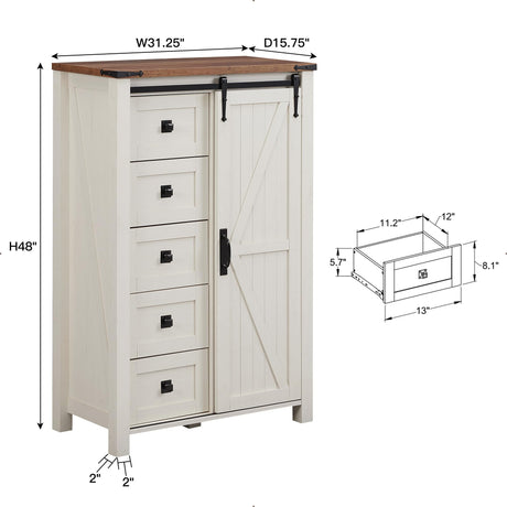 T4TREAM 5 Drawers Dresser for Bedroom w/Sliding Barn Door, Farmhouse Modern Tall Dresser 5 Chest of Drawers, Storage Organizer Dresser for Bedroom, T4TREAM