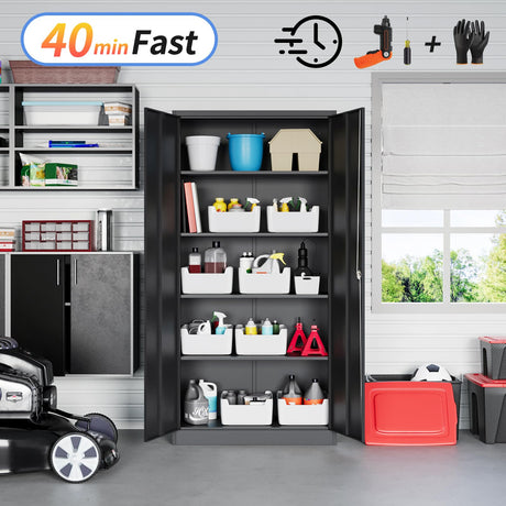 Yizosh Metal Garage Storage Cabinet with Lock, 71" Locking Tool Cabinet with 2 Doors and 5 Shelves, Tall Steel Cabinet for Garage, Heavy Duty File Yizosh