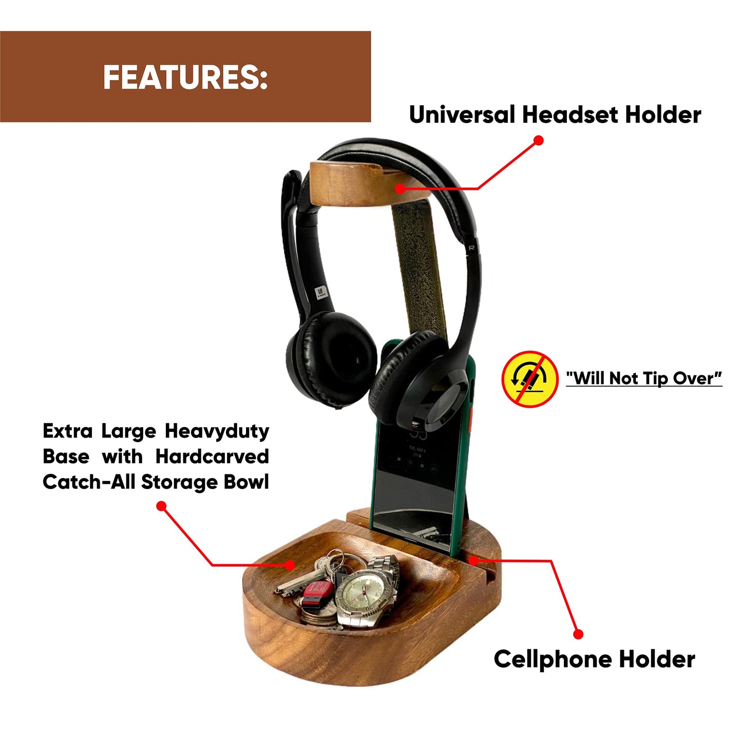 Wrightmart Wooden Headphone Stand, Universal Headset Holder, Desktop Earphone Hanger with Cell Phone Slot and Large Catch All Base, Made of Acacia - WoodArtSupply