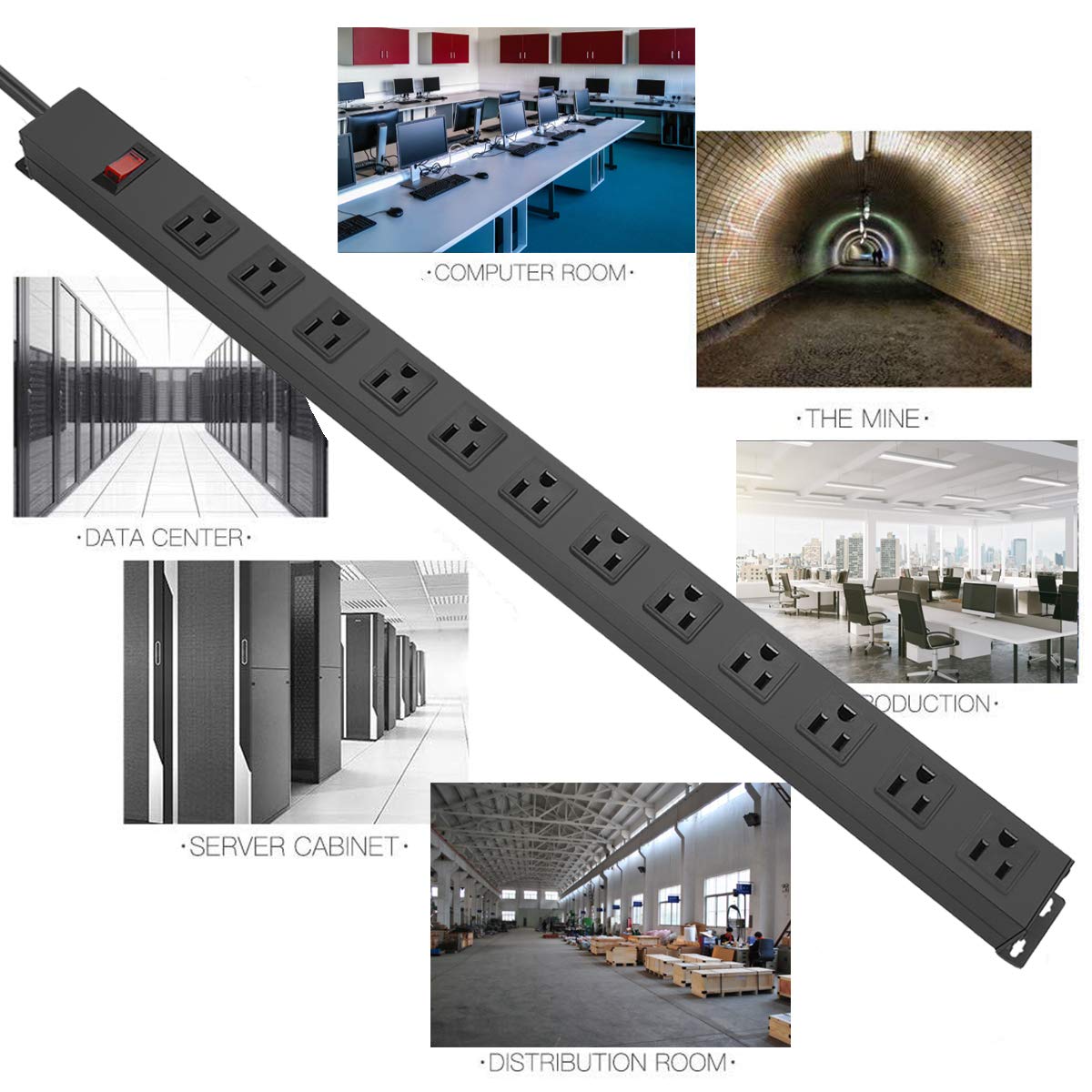 Metal Wall Mount Power Strip, Mountable Power Outlet with 12 AC Outlets, Aluminum Alloy Mount Power Socket with Switch, 6 FT SJT 3/C 14AWG Power HHSOET