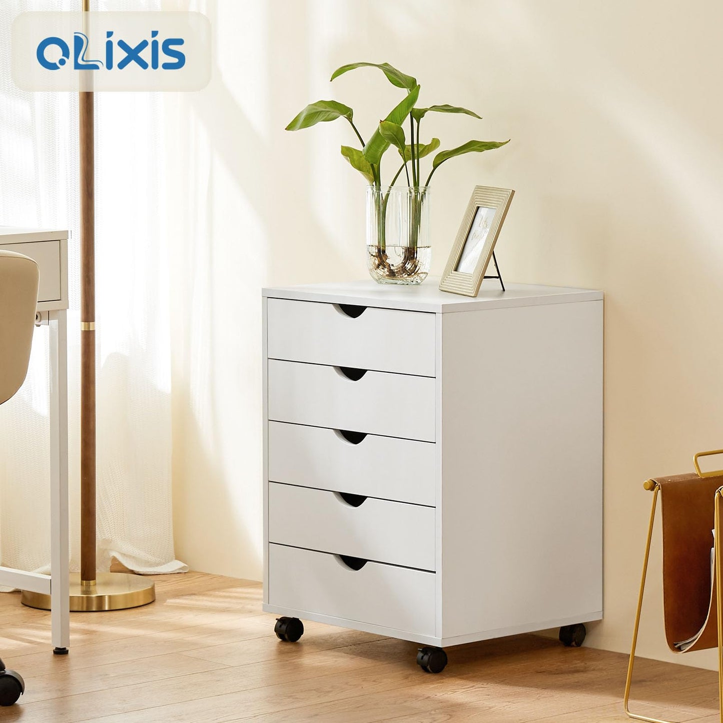 OLIXIS 5 Drawer Chest Wood File Cabinet Rolling Storage Dresser with Wheels for Home Office, White - WoodArtSupply