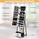 CHARMAID Rolling Jewelry Cabinet with Full Length Mirror, Lockable Standing Jewelry Armoire with Wheels, Steel Legs, Lipstick Brush Storage, Jewelry CHARMAID