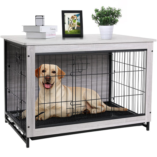 Arlopu 44.1/38.6/29.1 Large Dog Crate Furniture, Side End Table, Mordern Kennel, Wooden Heavy-Duty Dog Cage, Dog House, Indoor End Table, Night