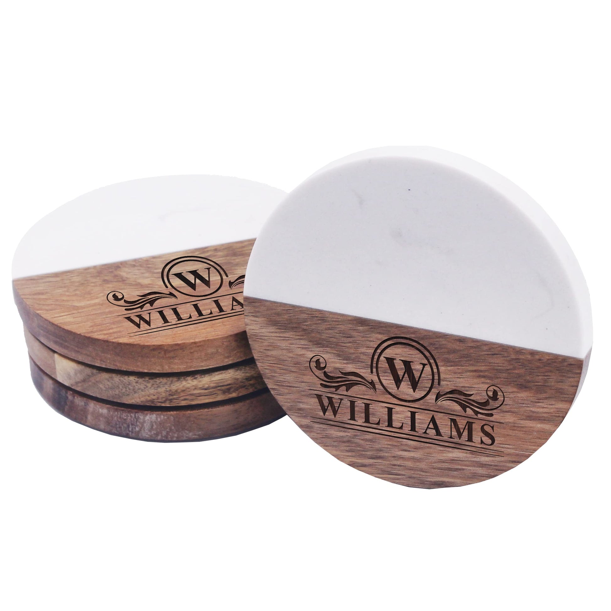 Custom Personalized Set of 4 Marble and Acacia Coasters for Drinks, Couples, Wedding Gift, New Home (Round Marble and Acacia) - WoodArtSupply