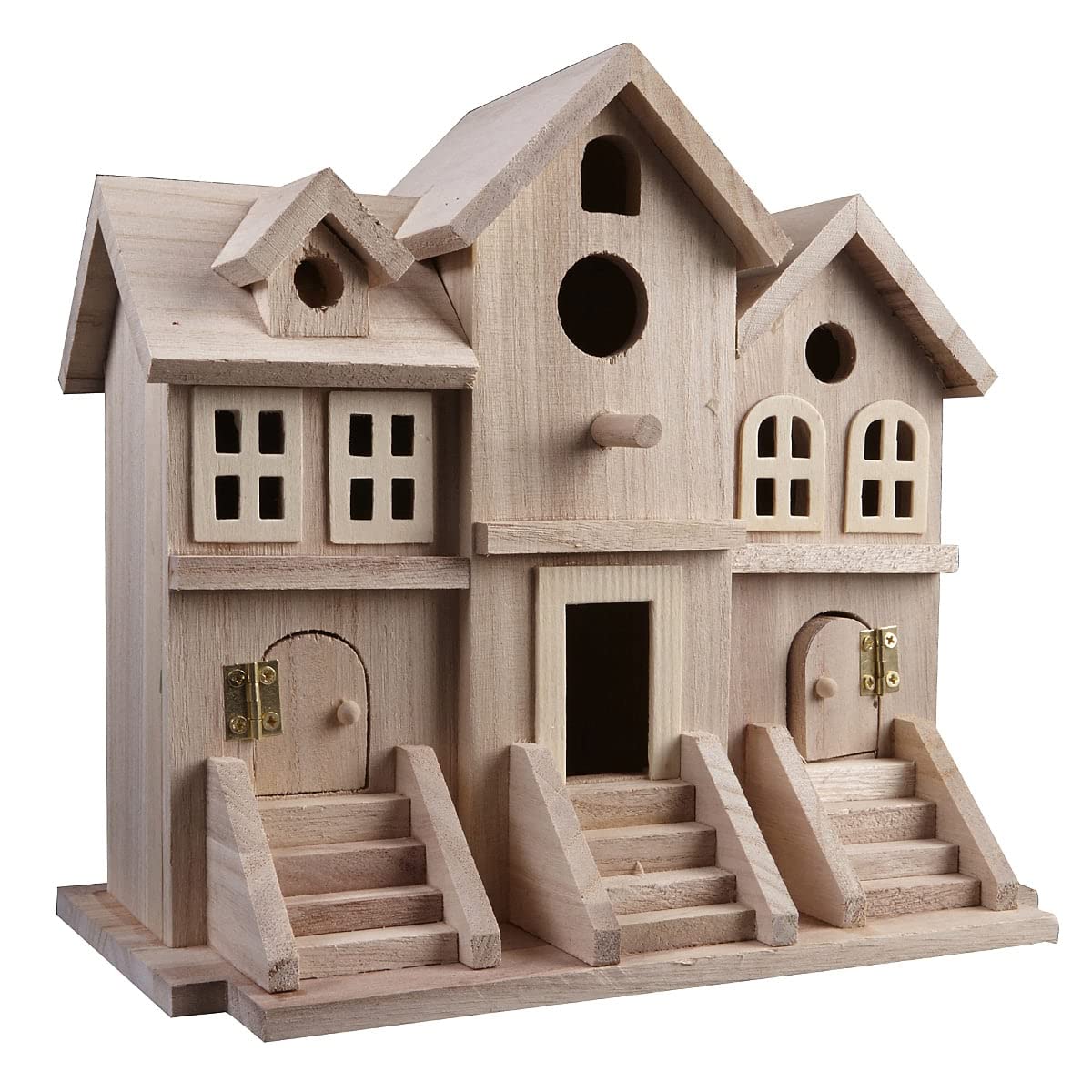 9.5" Wooden Brownstone Birdhouse with Fence by Make Market - Unfinished Birdhouse Made of 100% Wood, Outdoor Nesting Boxes - Bulk 6 Pack - WoodArtSupply