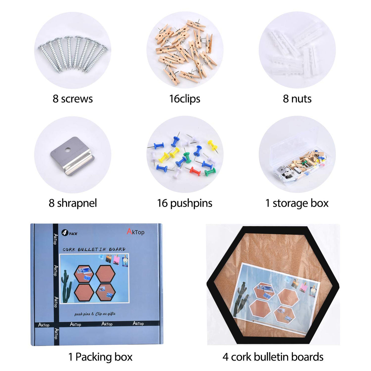 AkTop Cork Bulletin Board Hexagon 4 Pack, Small Framed Corkboard Tiles for Wall, Thick Decorative Display Boards for Home Office Decor, School AKTOP