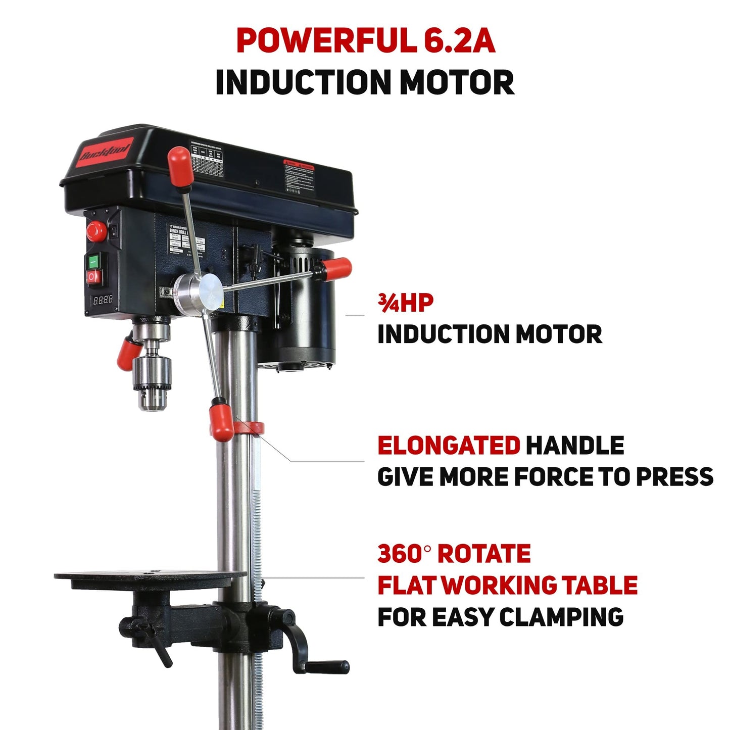 BUCKTOOL 12 INCH 6.2A Professional Bench Drill Press, 3/4HP Powerful Benchtop Drill Press, Variable Speed Drill Press with IIIA Laser and Work Light - WoodArtSupply