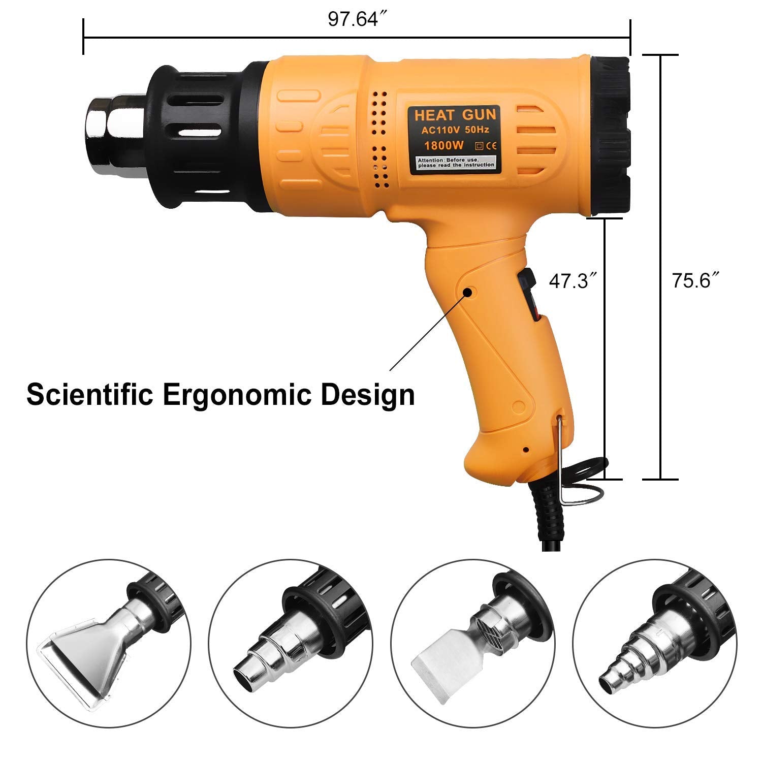 SEEKONE Heat Gun 1800W 122℉~1202℉（50℃- 650℃）Fast Heating Heavy Duty Hot Air Gun Kit Variable Temperature Control Overload Protection with 4 Nozzles SEEKONE