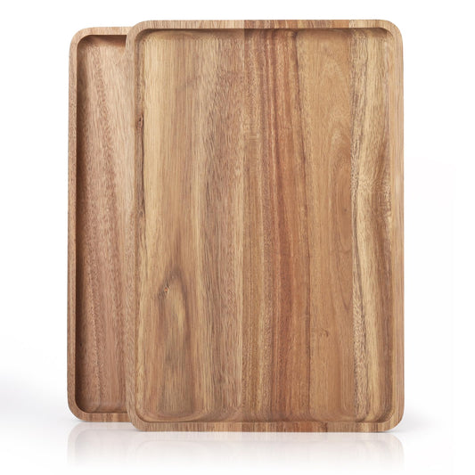 2 PCS Solid Acacia Wood Serving Trays Rectangular Wooden Serving Platters Natural Wooden Boards for Bar Coffee Party 13 * 9 inch （Wood Log Color） - WoodArtSupply