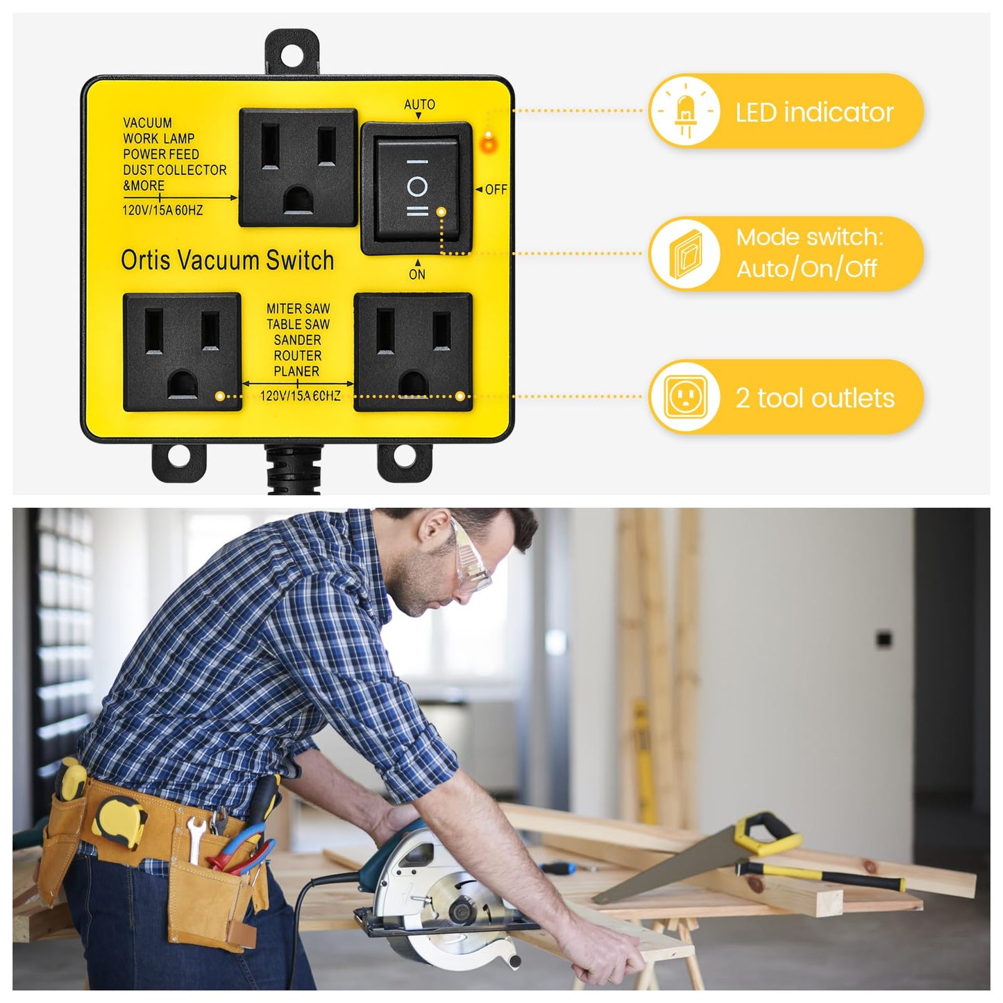 Automatic Vacuum Switch, Ortis Vacuum Switch for More Power Tools, Delay Vacuum On/Off to Prevent Circuit Overload and Tripping, Keep Your Workplace - WoodArtSupply