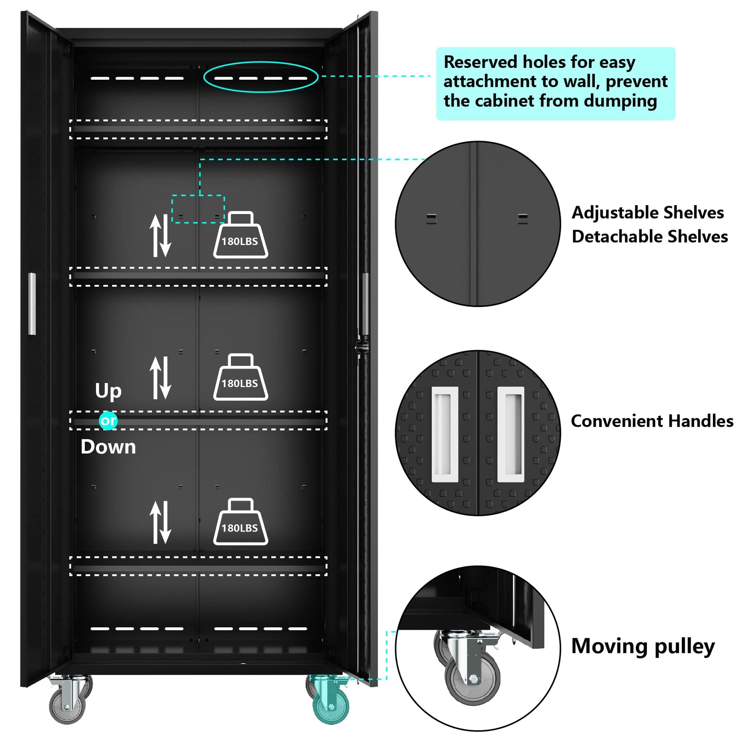 Metal Storage Cabinets Locker for Home Office, 72" Garage Storage Cabinet with Wheels, Lockable Door & Adjustable Shelves, Tall Large Steel Cabinet kingwolfox