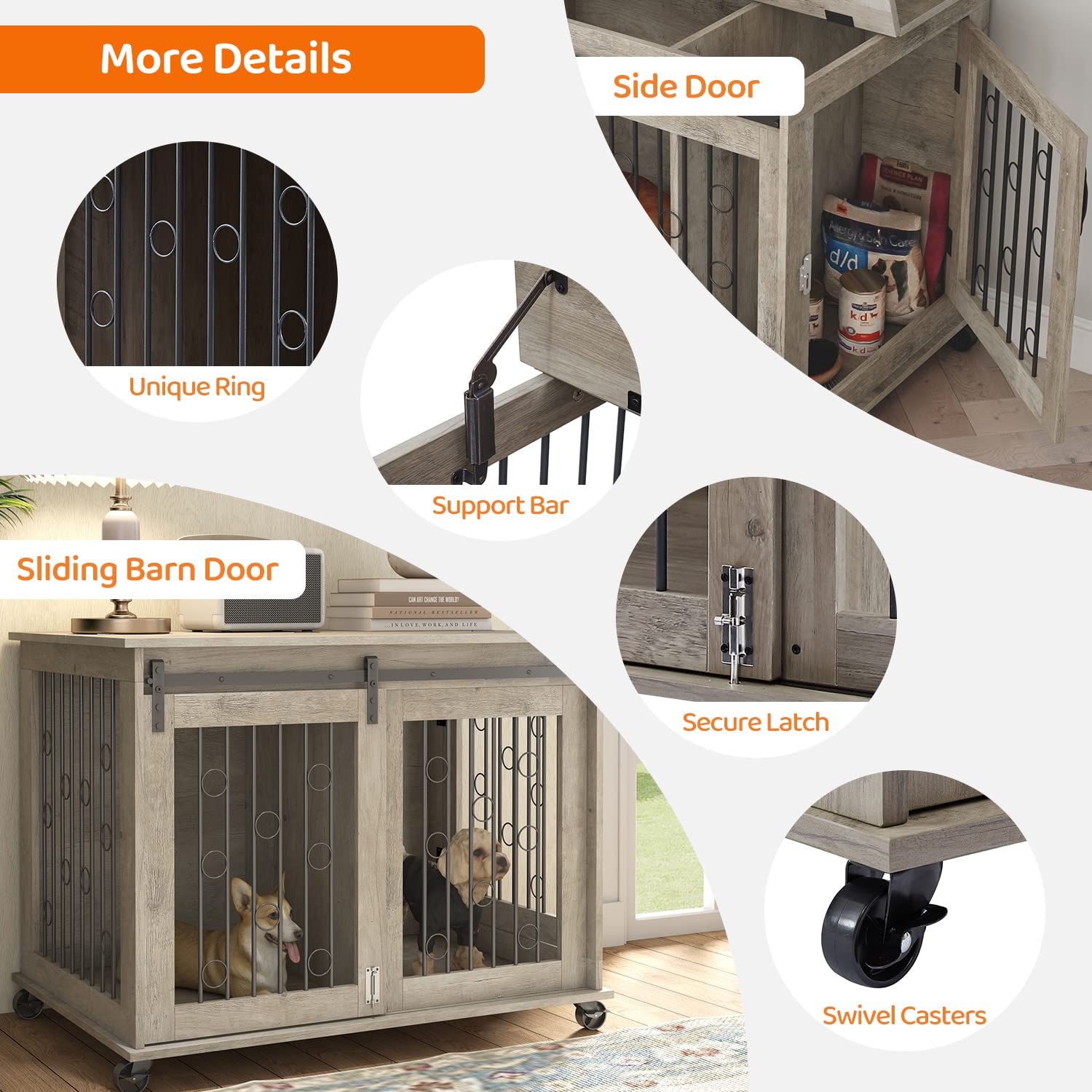 IchbinGo Dog Crate Furniture with Sliding Barn Door, 39" Wooden Dog Kennel End Table with Wheels and Flip-top Plate Dog House with Detachable Divider - WoodArtSupply