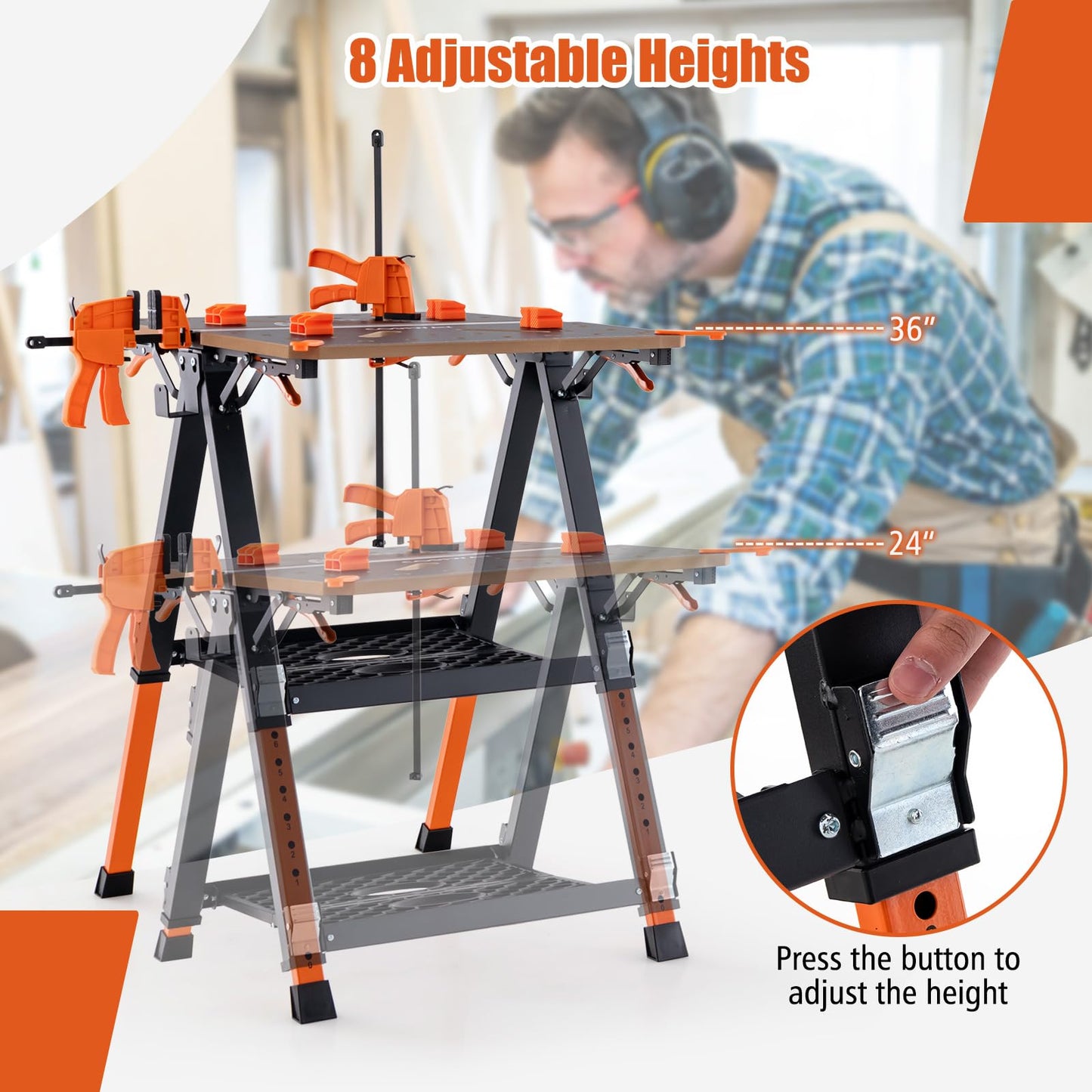 IRONMAX Folding Work Table, 2-in-1 Heavy Duty Workbench & Sawhorse w/ 2 Quick Clamps and 4 Clamp Dogs, 8 Adjustable Height Work Bench for Woodworking